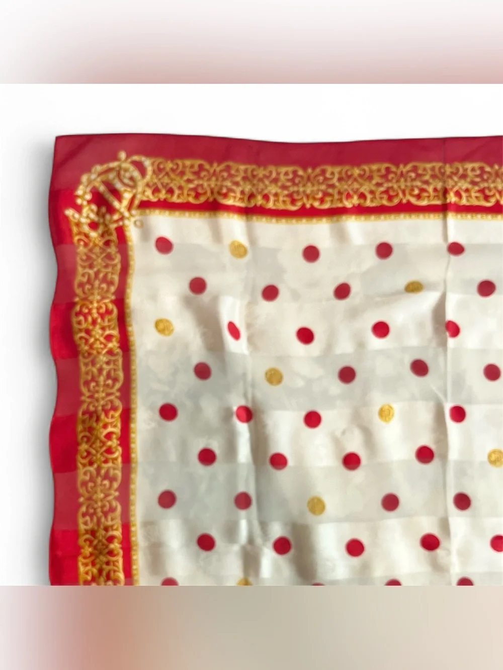 Dior Vintage Silk Chiffon Scarf Red Gold Polka Dot Crown Filigree Jacquard 32
